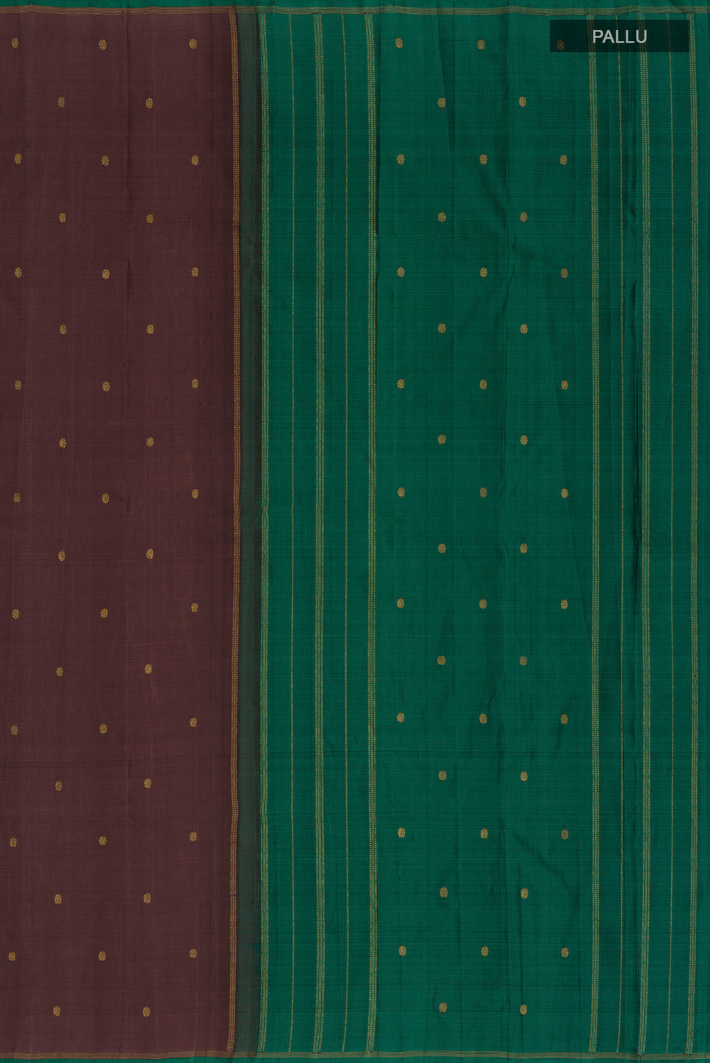 Close up image of the pallu of Pure Silk Pure Zari Brown Kanjivaram Saree with Zari Butta on the body and Without Border. 