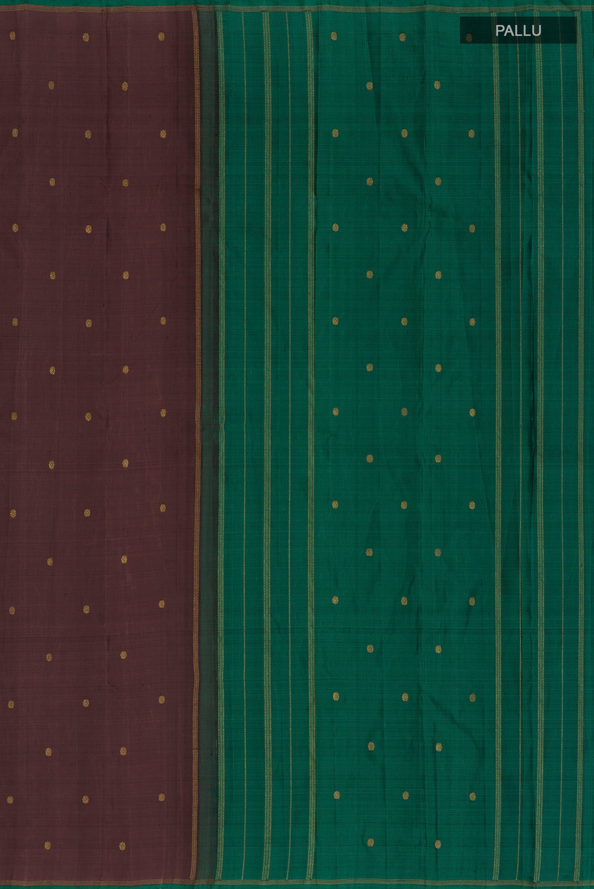 Close up image of the pallu of Pure Silk Pure Zari Brown Kanjivaram Saree with Zari Butta on the body and Without Border. 