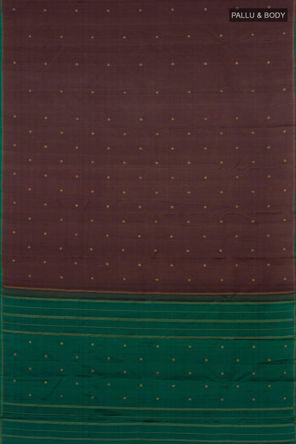 Flat view of Pure Silk Pure Zari Brown Kanjivaram Saree with Zari Butta on the body and Without Border. 