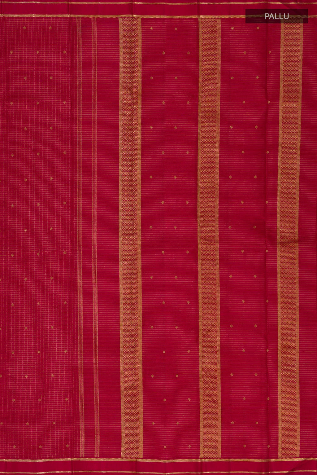 Close up image of the pallu of Pure Silk Pure Zari Maroon Kanjivaram Saree with Checked design on the body and Thin Zari Line. 