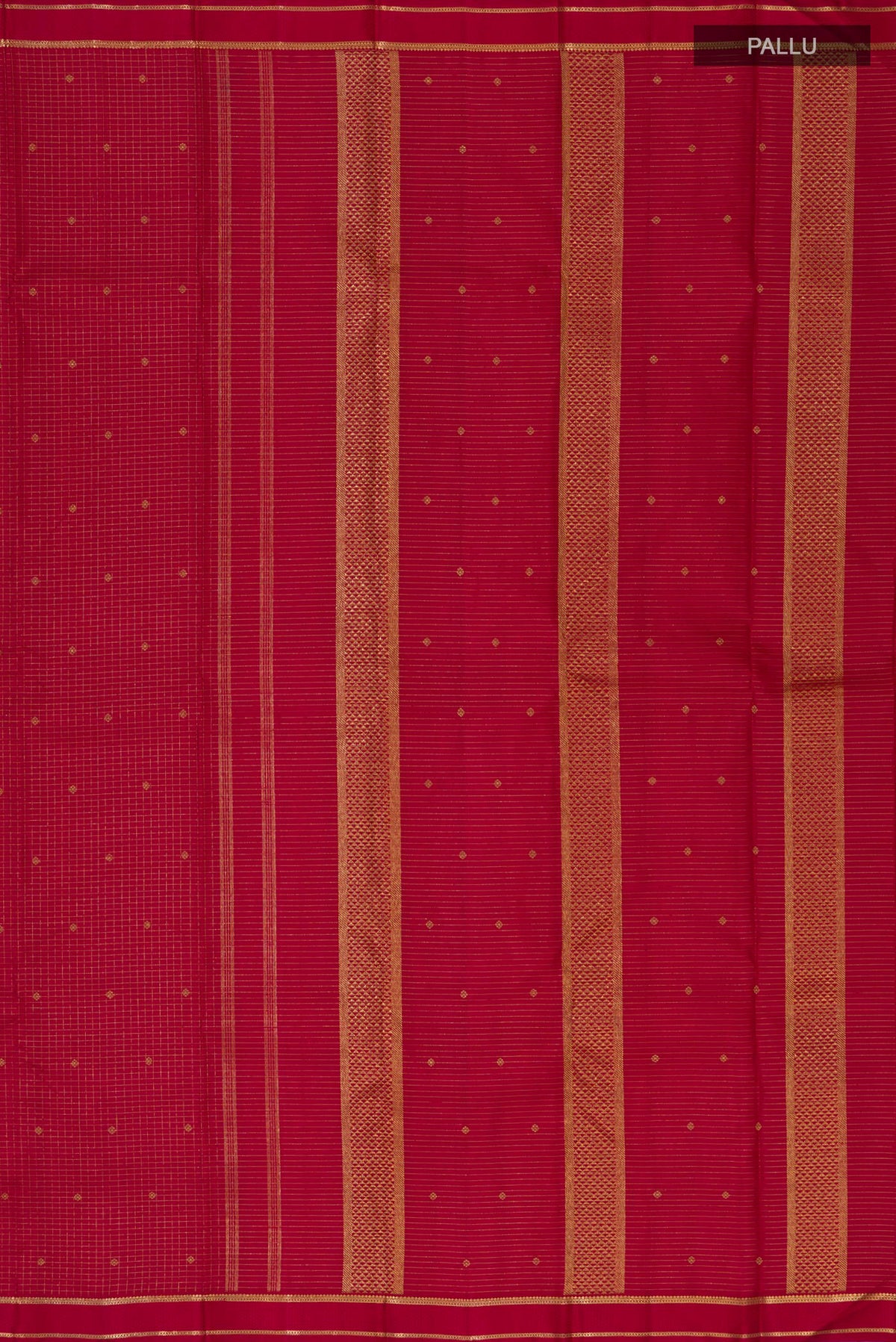 Close up image of the pallu of Pure Silk Pure Zari Maroon Kanjivaram Saree with Checked design on the body and Thin Zari Line. 