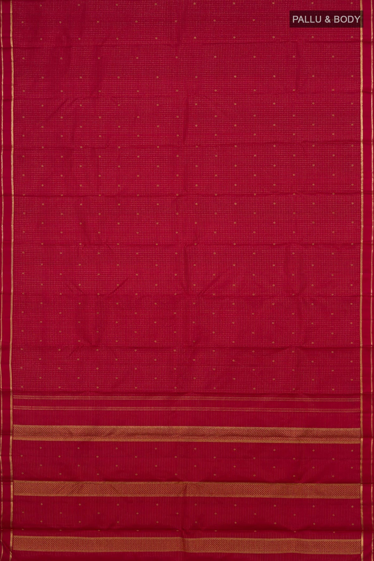 Flat view of Pure Silk Pure Zari Maroon Kanjivaram Saree with Checked design on the body and Thin Zari Line. 
