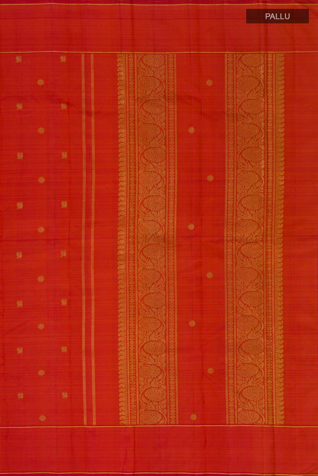 Close up image of the pallu of Pure Silk Pure Zari Rust Kanjivaram Saree with Zari Butta on the body and Thin Zari Line. 