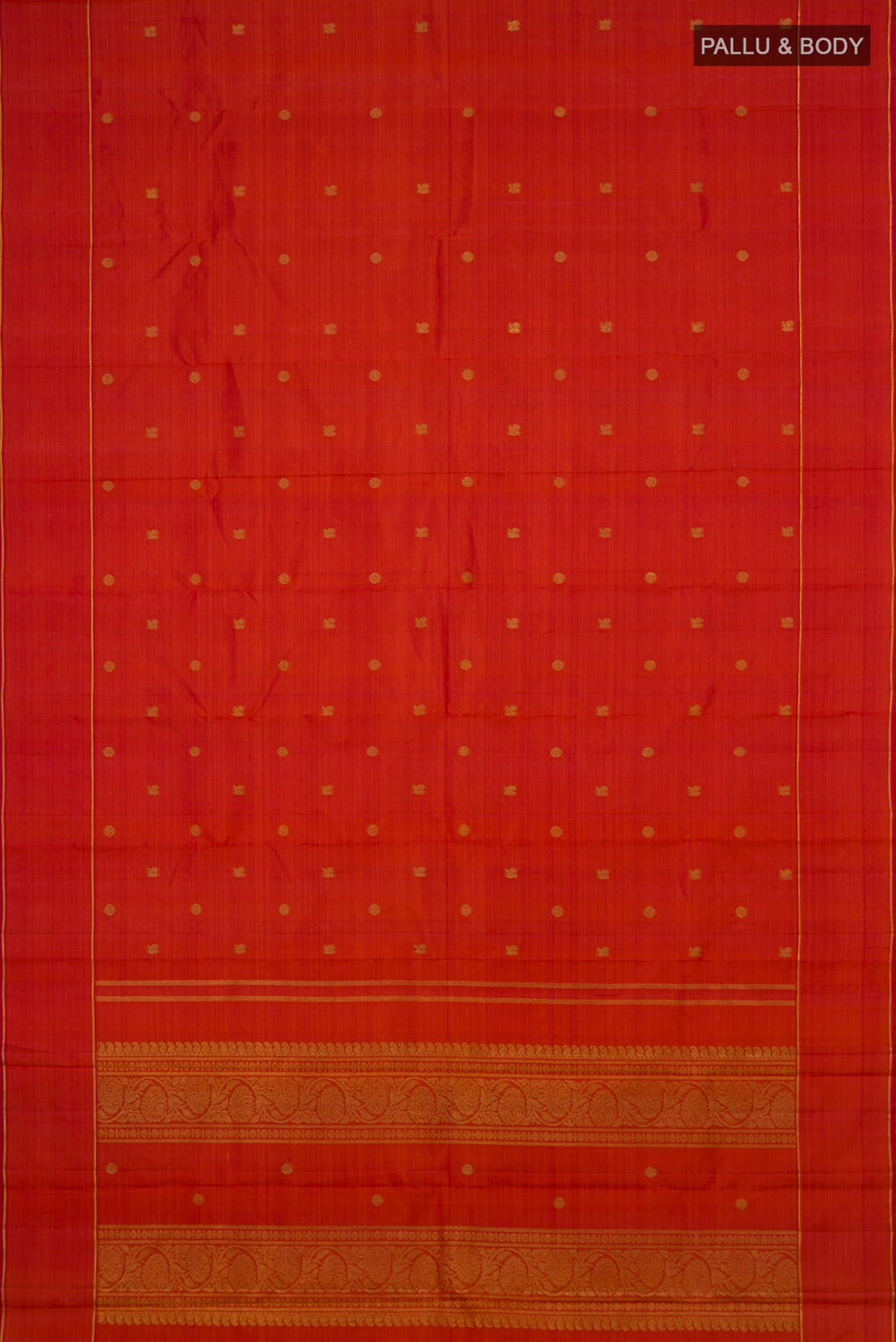 Flat view of Pure Silk Pure Zari Rust Kanjivaram Saree with Zari Butta on the body and Thin Zari Line. 