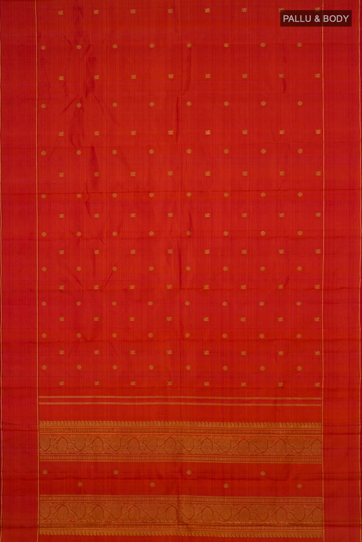 Flat view of Pure Silk Pure Zari Rust Kanjivaram Saree with Zari Butta on the body and Thin Zari Line. 
