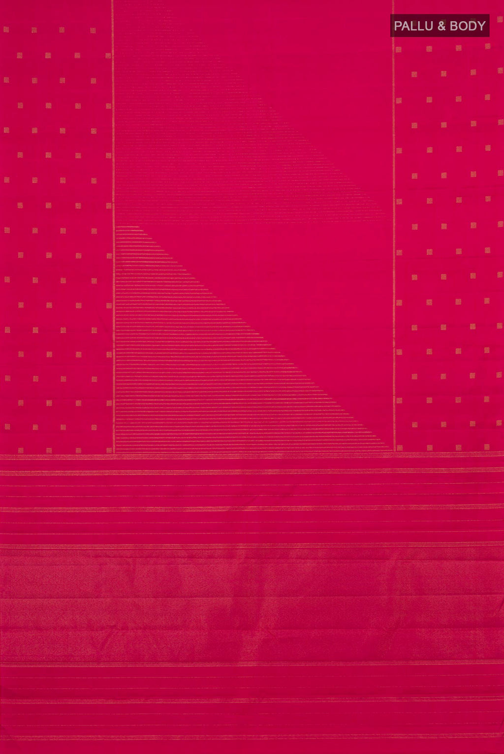 Flat view of Pure Silk Pure Zari Pink Kanchipuram Saree with Stripes on the body and Fancy Border. 