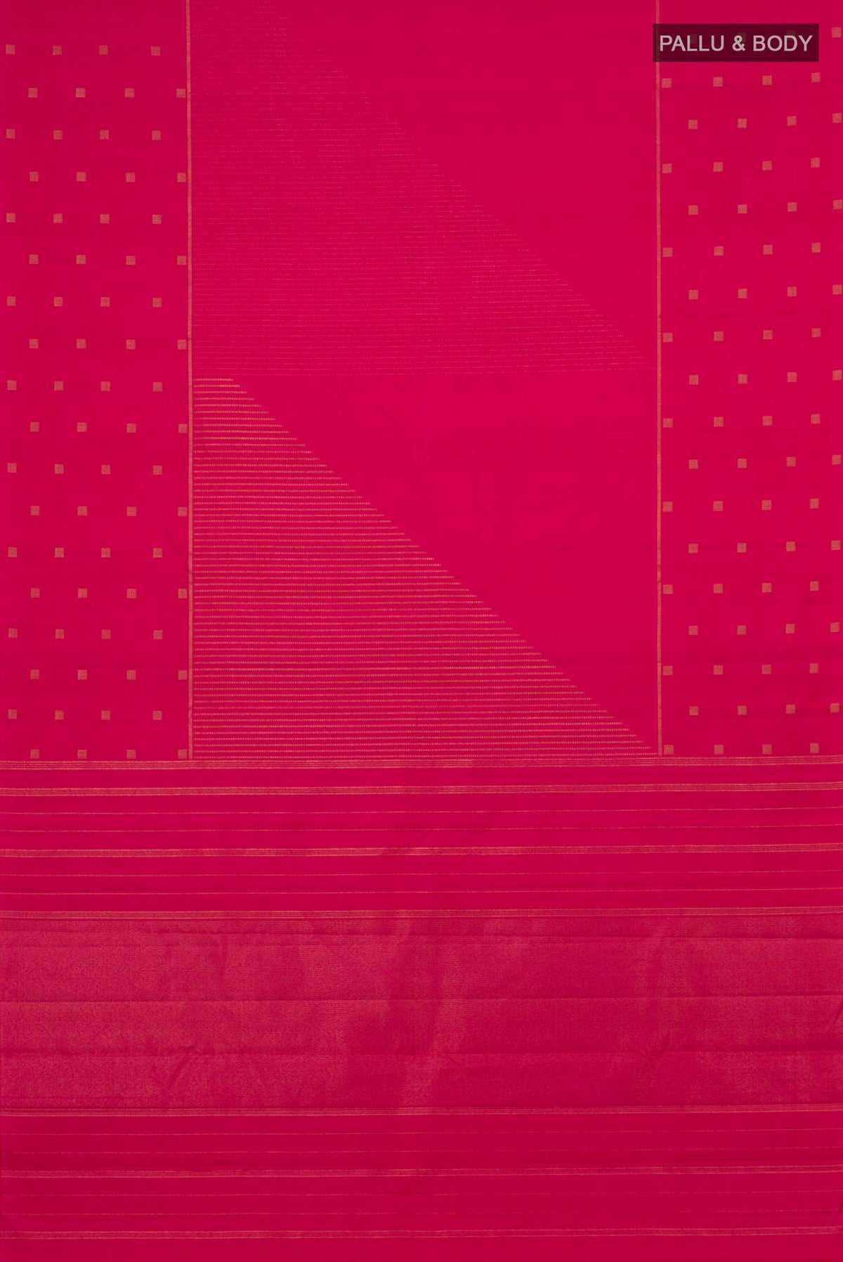 Flat view of Pure Silk Pure Zari Pink Kanchipuram Saree with Stripes on the body and Fancy Border. 