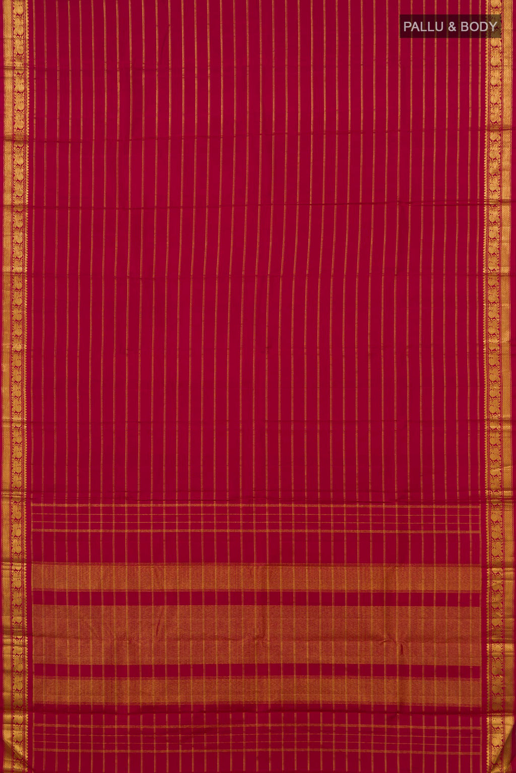 Flat view of Pure Silk Maroon Kanchipuram Saree with Stripes on the body and Zari Border. 
