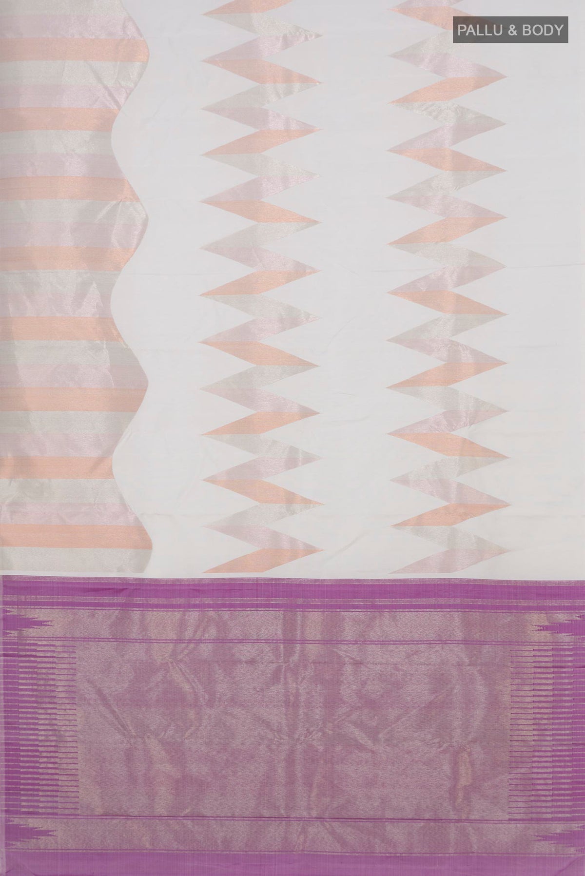 Flat view of Pure Silk White Kanchipuram Saree with Fancy on the body and Rising Temple Border. 
