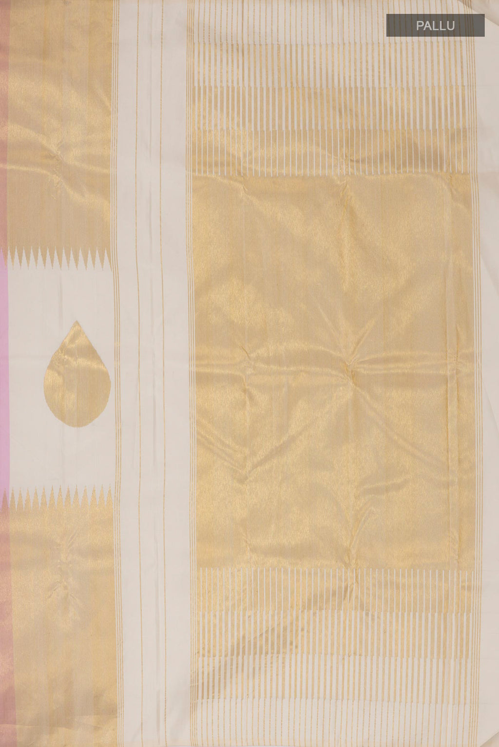 Close up image of the pallu of Pure Silk Multi Color Kanjivaram Saree with Fancy on the body and Rising Temple Border. 