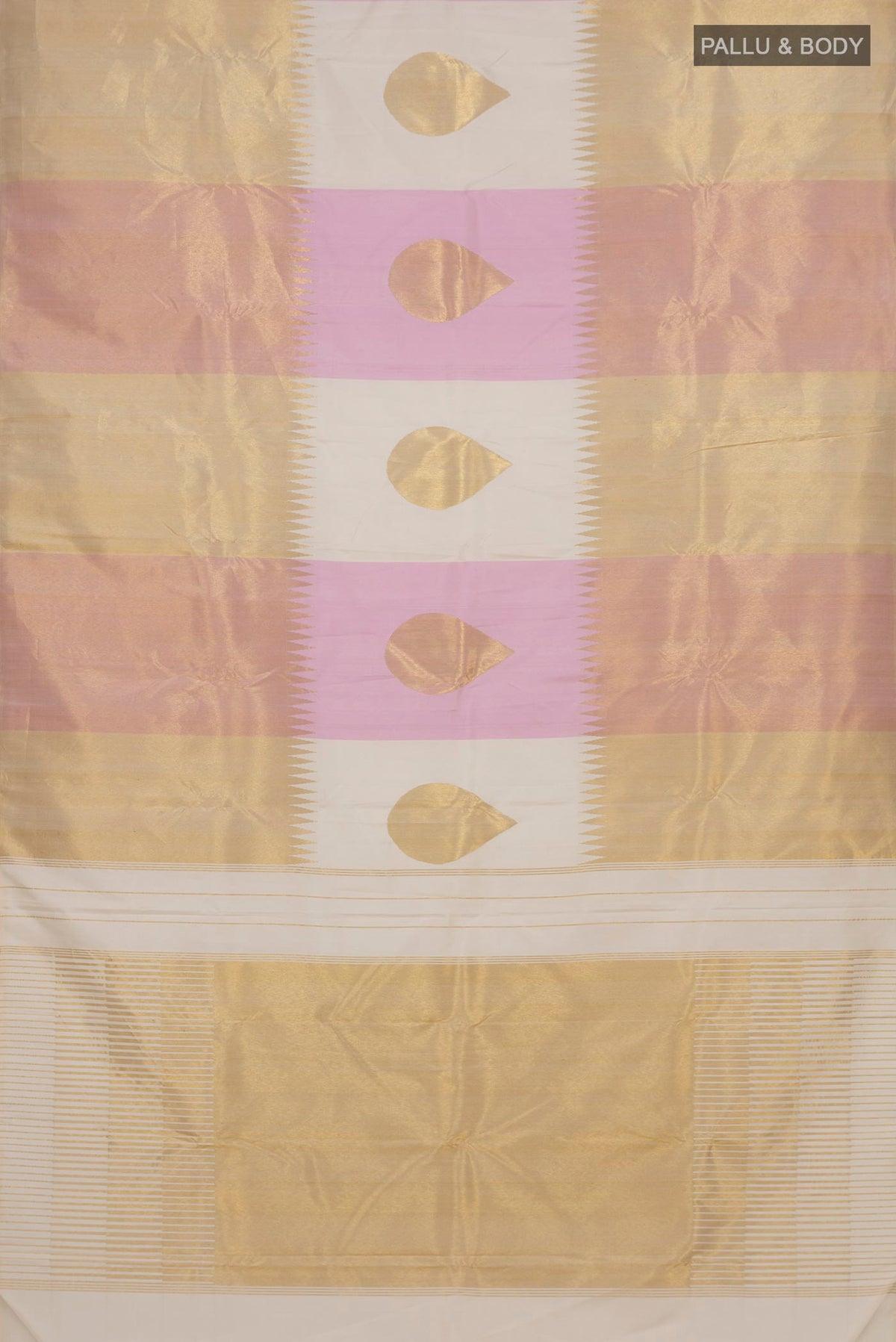 Flat view of Pure Silk Multi Color Kanjivaram Saree with Fancy on the body and Rising Temple Border. 