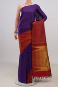 Pure Silk Violet Kanjivaram Saree with Checked design on the body and Rising Temple Border.  displayed on a mannequin