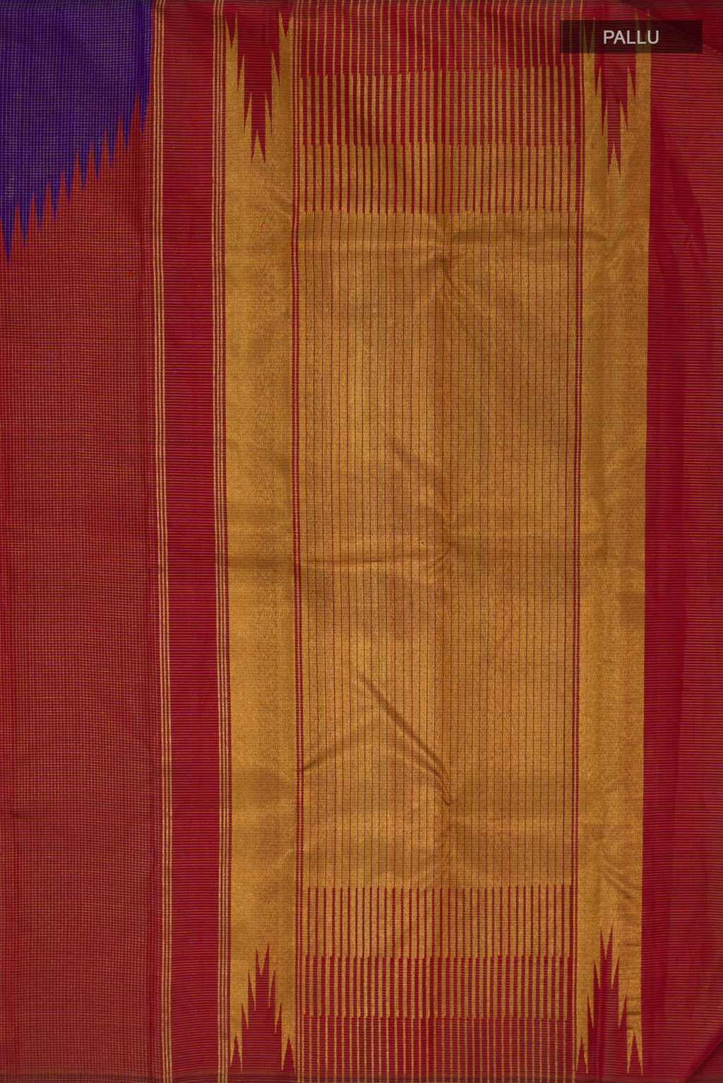 Close up image of the pallu of Pure Silk Violet Kanjivaram Saree with Checked design on the body and Rising Temple Border. 