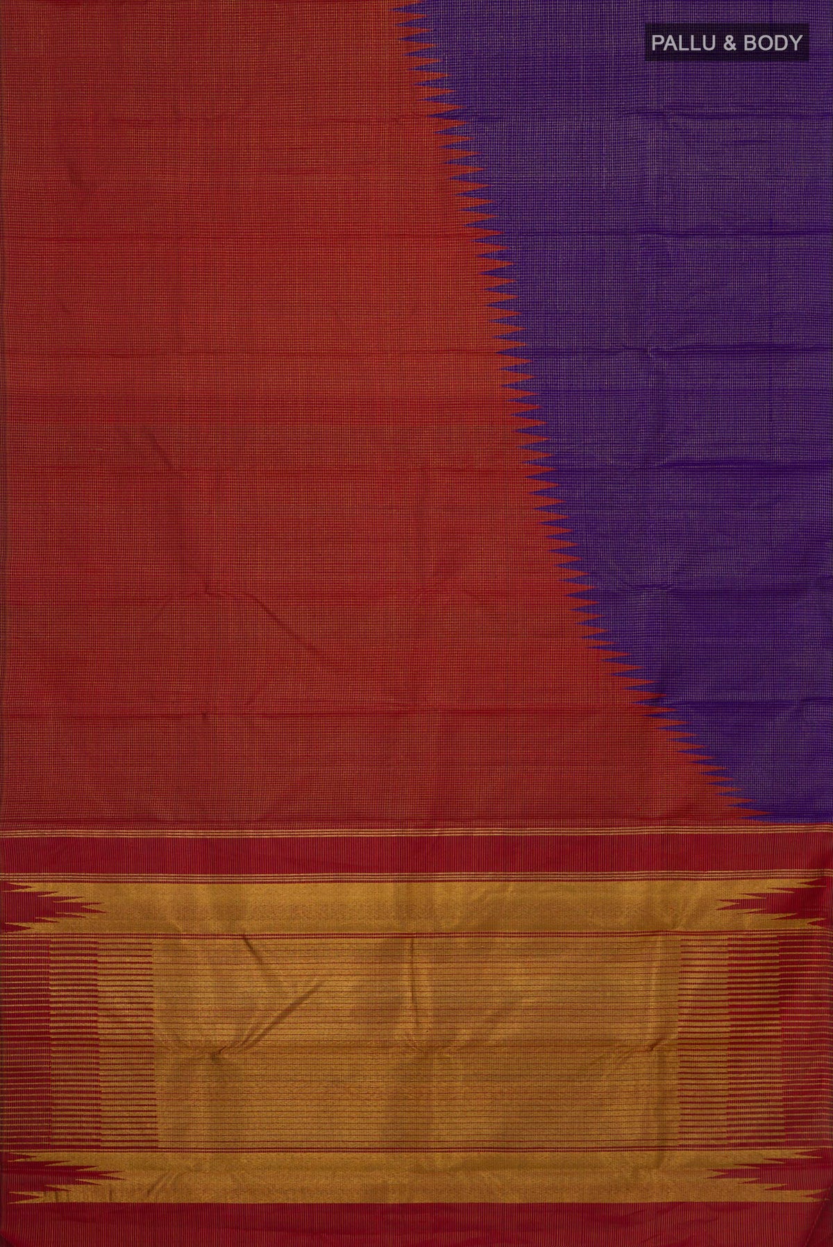 Flat view of Pure Silk Violet Kanjivaram Saree with Checked design on the body and Rising Temple Border. 