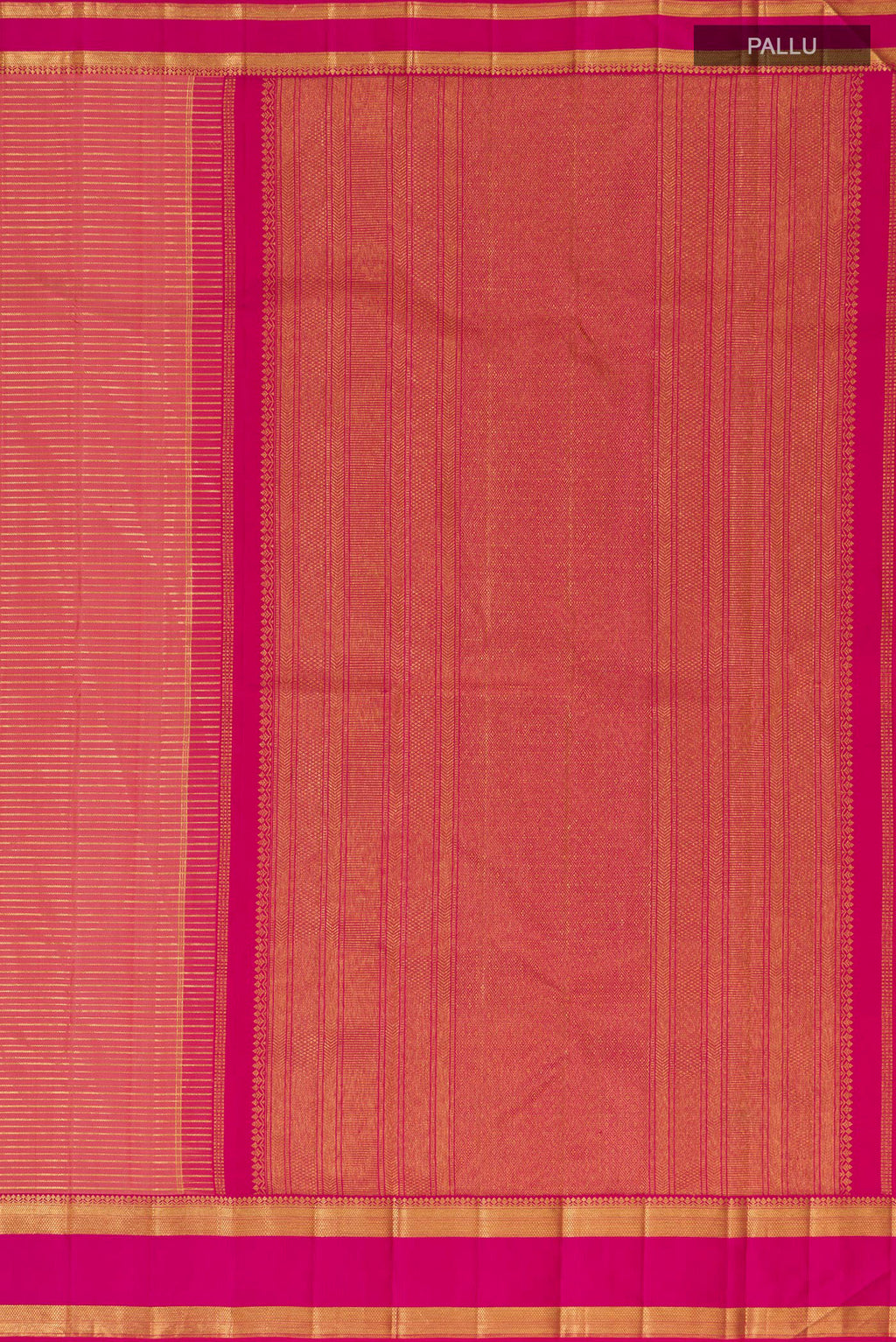 Close up image of the pallu of Pure Silk Peach Kanjivaram Saree with Stripes on the body and Zari Border. 