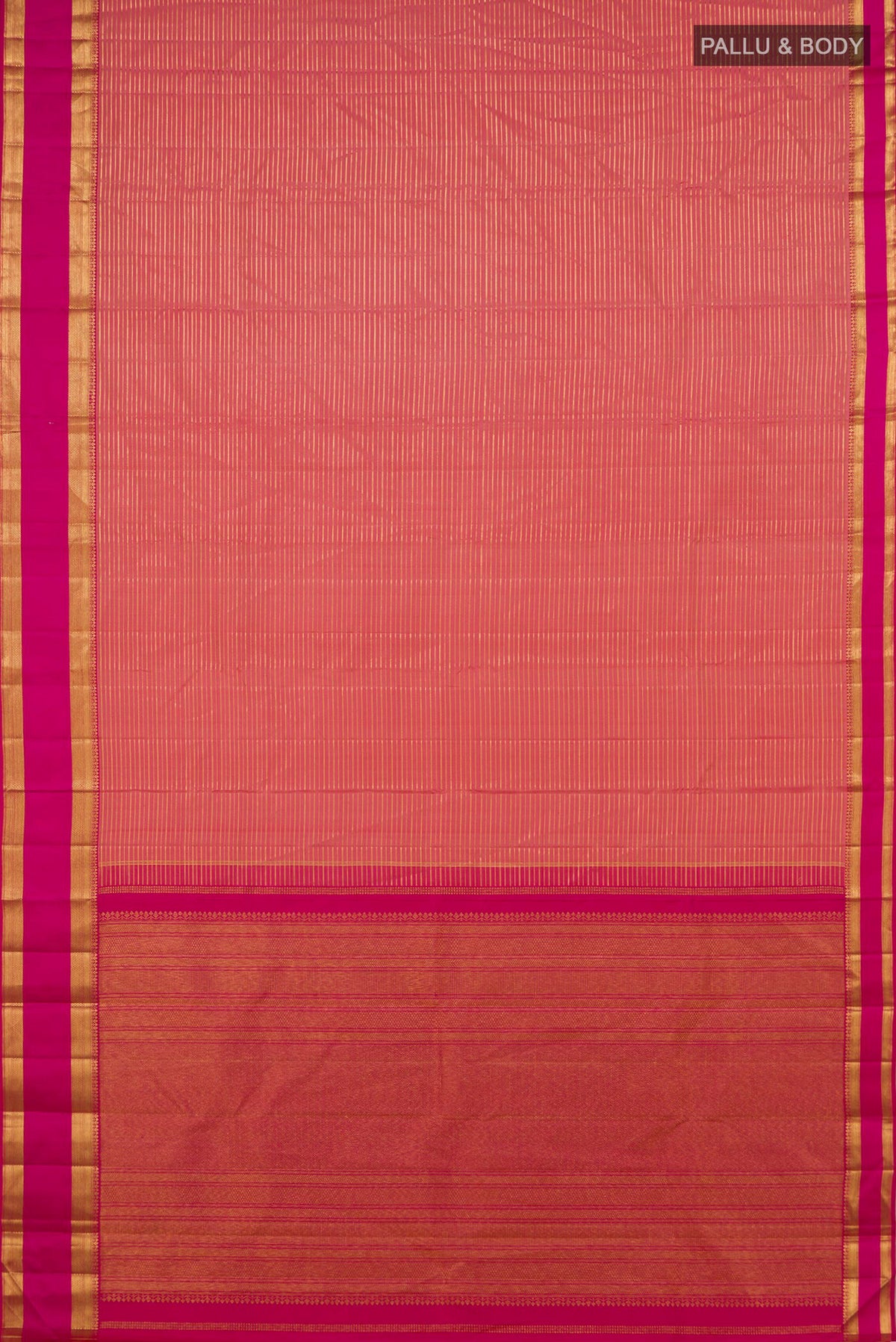 Flat view of Pure Silk Peach Kanjivaram Saree with Stripes on the body and Zari Border. 