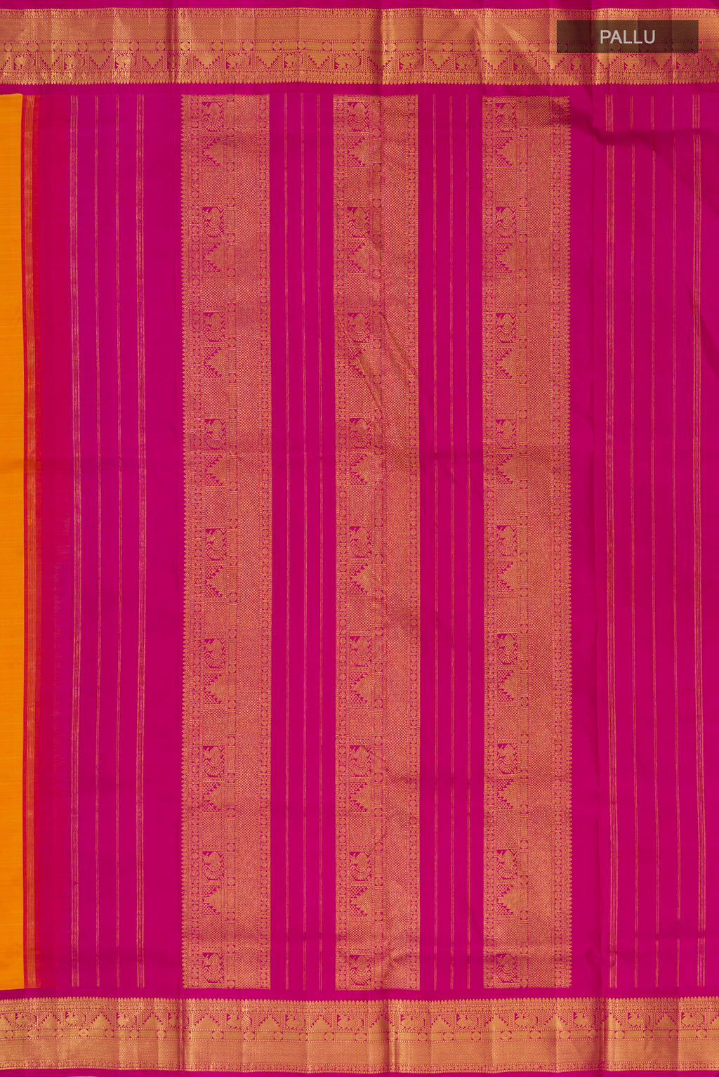 Close up image of the pallu of Pure Silk Yellow Kanchipuram Nine Yards Saree with Plain Body and Zari Border. 