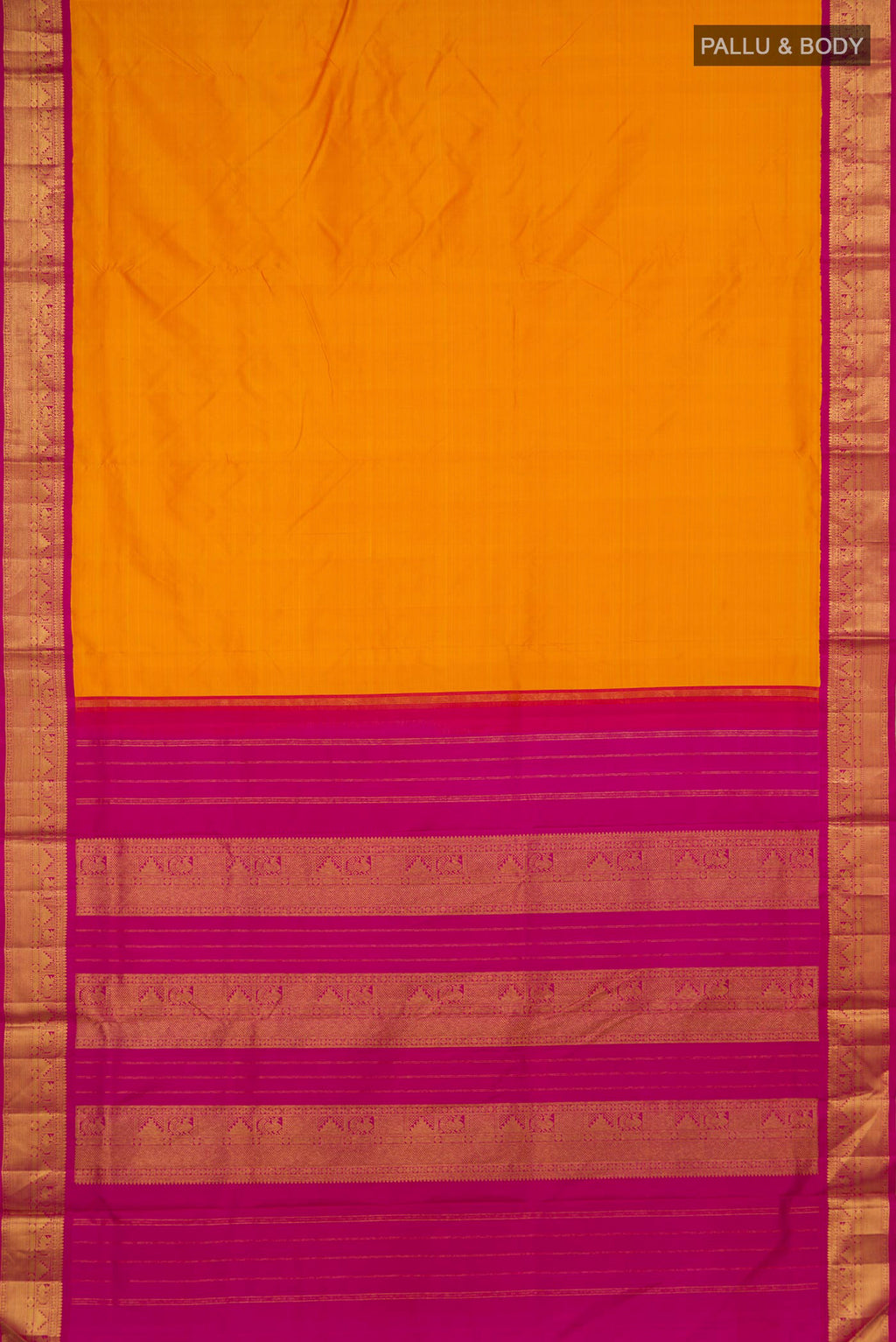 Flat view of Pure Silk Yellow Kanchipuram Nine Yards Saree with Plain Body and Zari Border. 