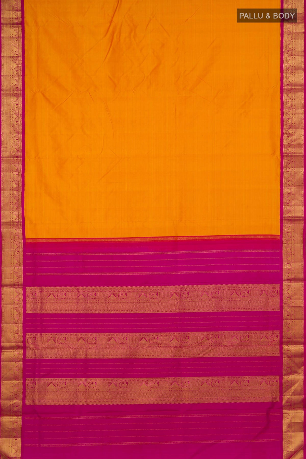Flat view of Pure Silk Yellow Kanchipuram Nine Yards Saree with Plain Body and Zari Border. 