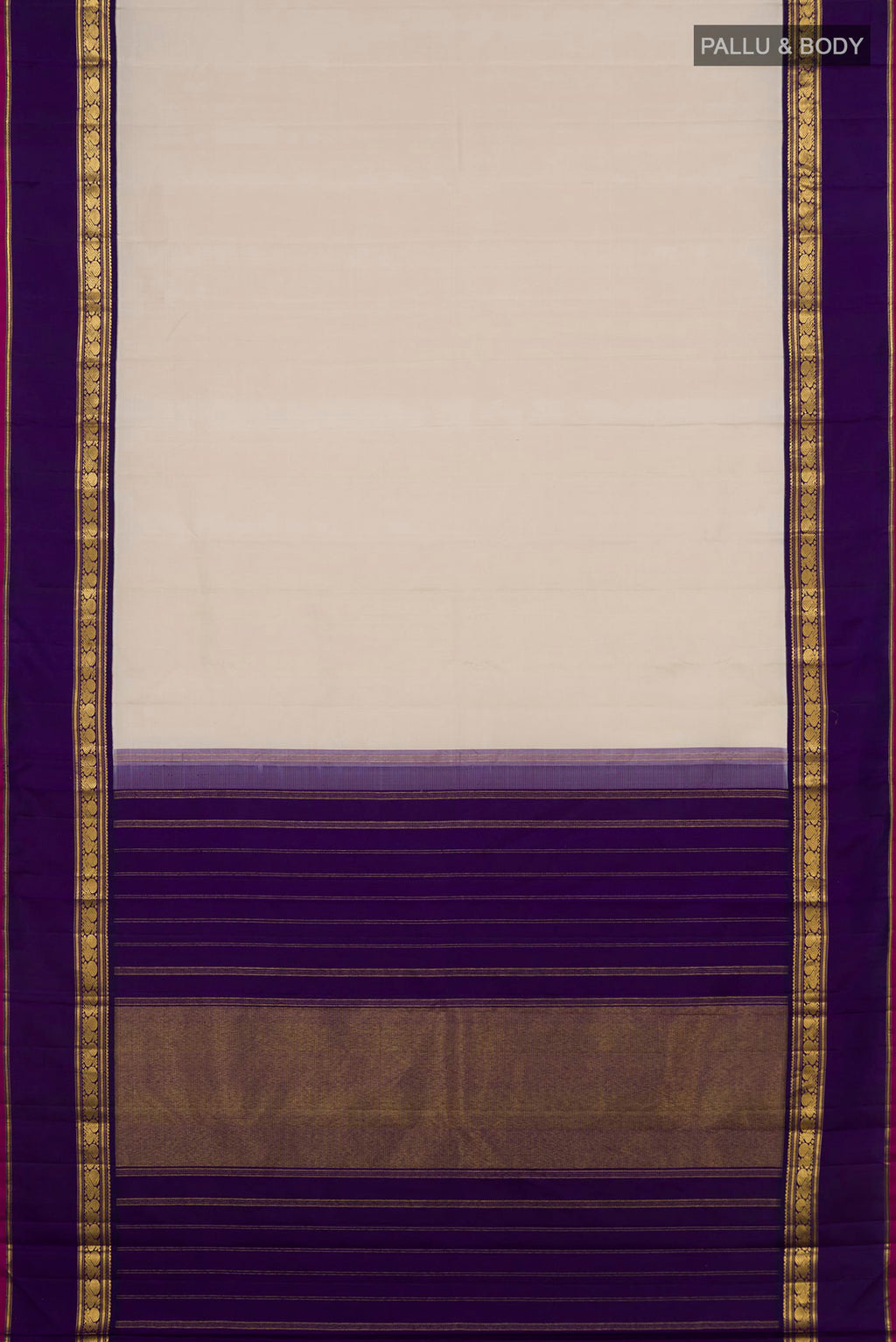 Flat view of Pure Silk Cream Kanjivaram Saree with Plain Body and Zari Border. 