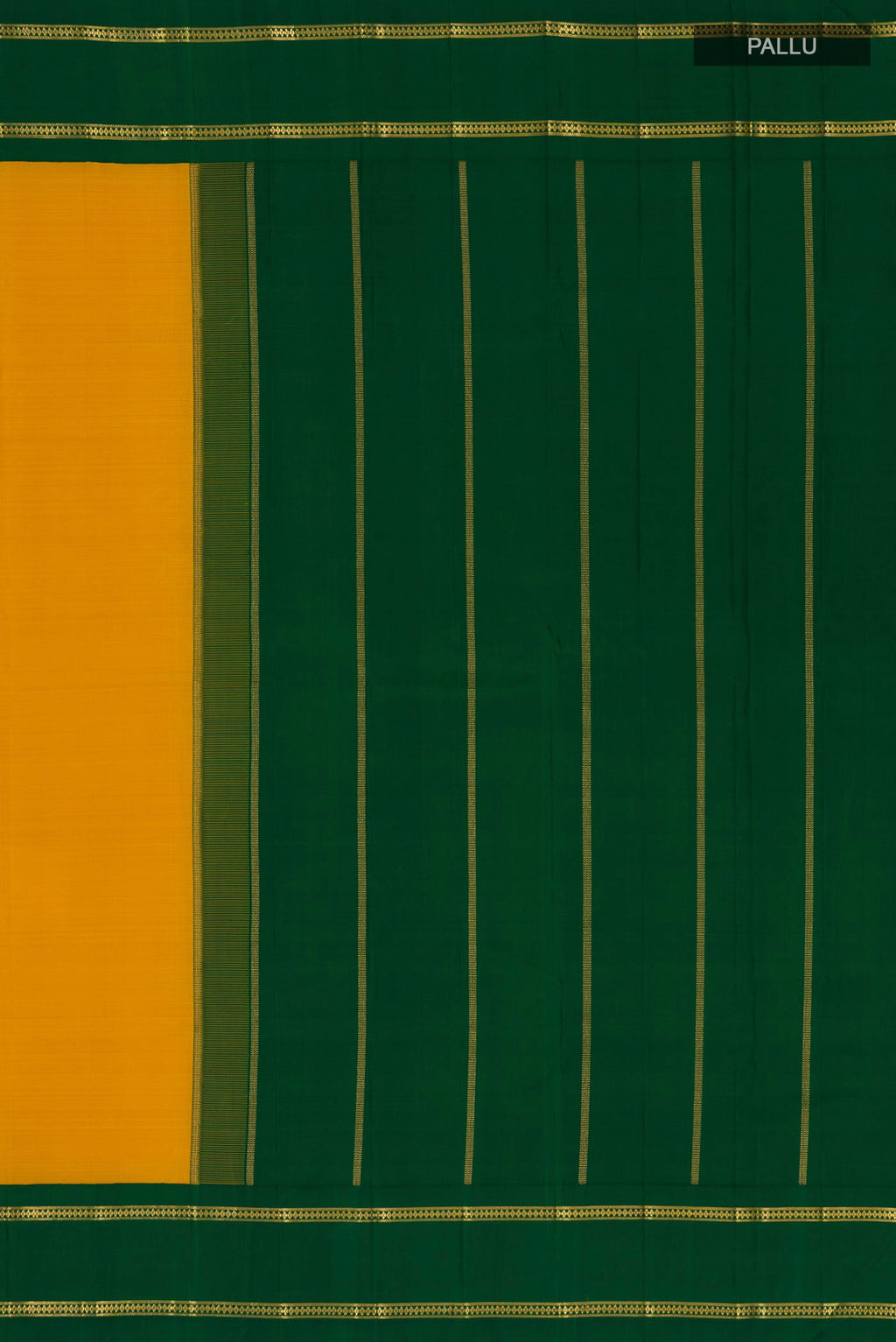 Close up image of the pallu of Pure Silk Pure Zari Yellow Kanjivaram Saree with Plain Body and Zari Border. 