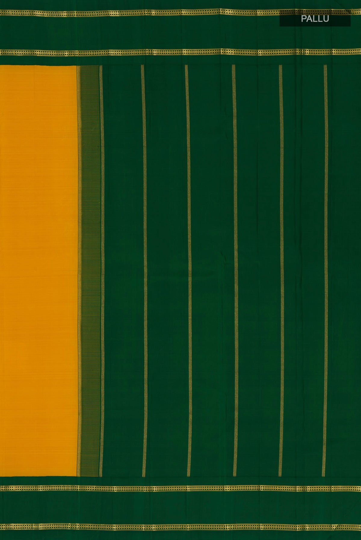 Close up image of the pallu of Pure Silk Pure Zari Yellow Kanjivaram Saree with Plain Body and Zari Border. 