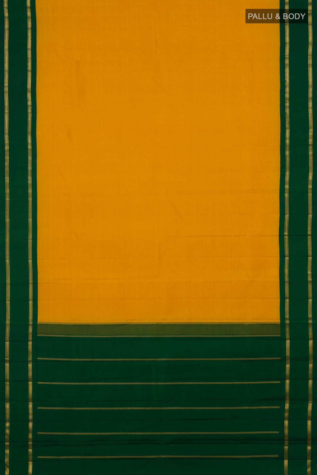 Flat view of Pure Silk Pure Zari Yellow Kanjivaram Saree with Plain Body and Zari Border. 