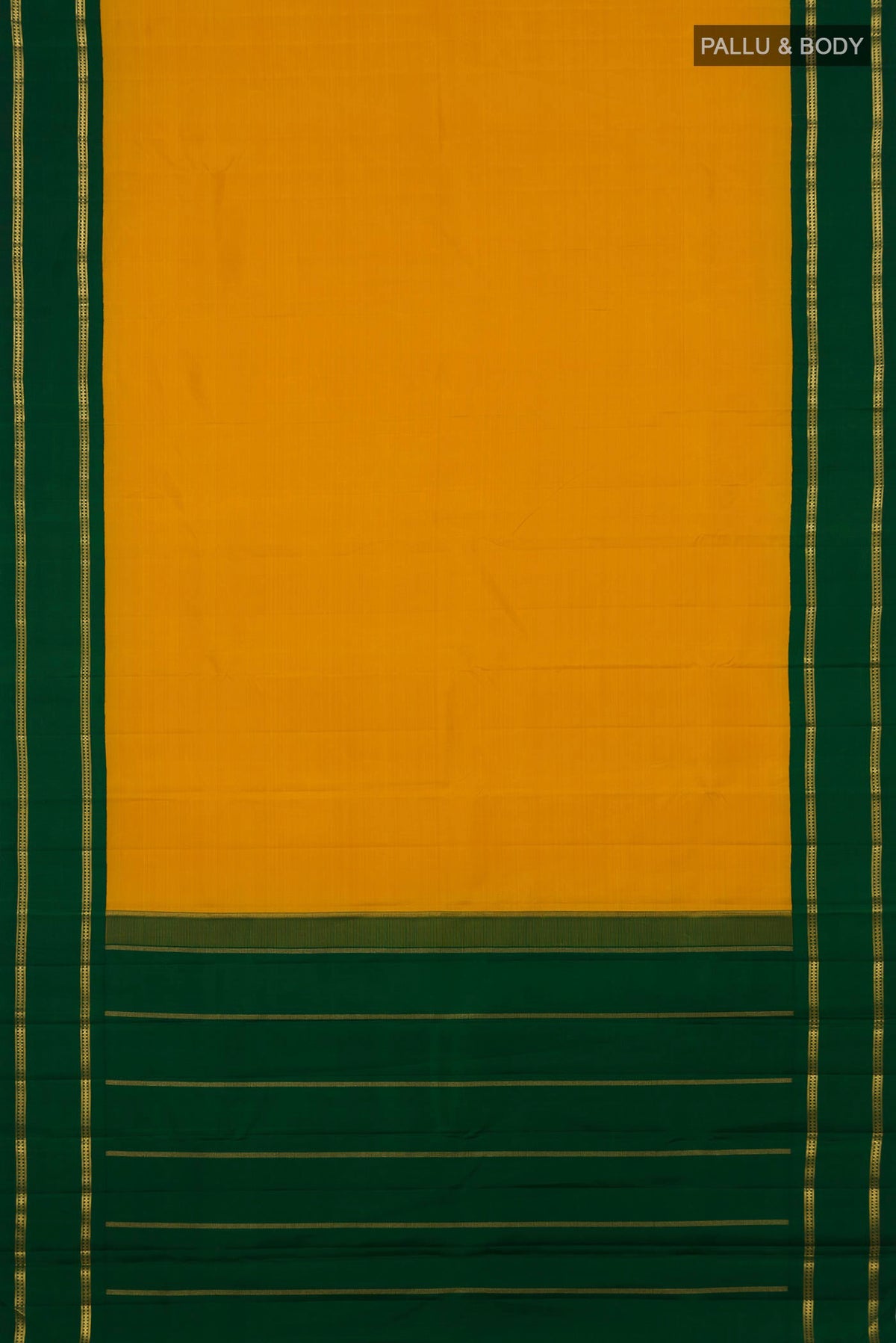 Flat view of Pure Silk Pure Zari Yellow Kanjivaram Saree with Plain Body and Zari Border. 