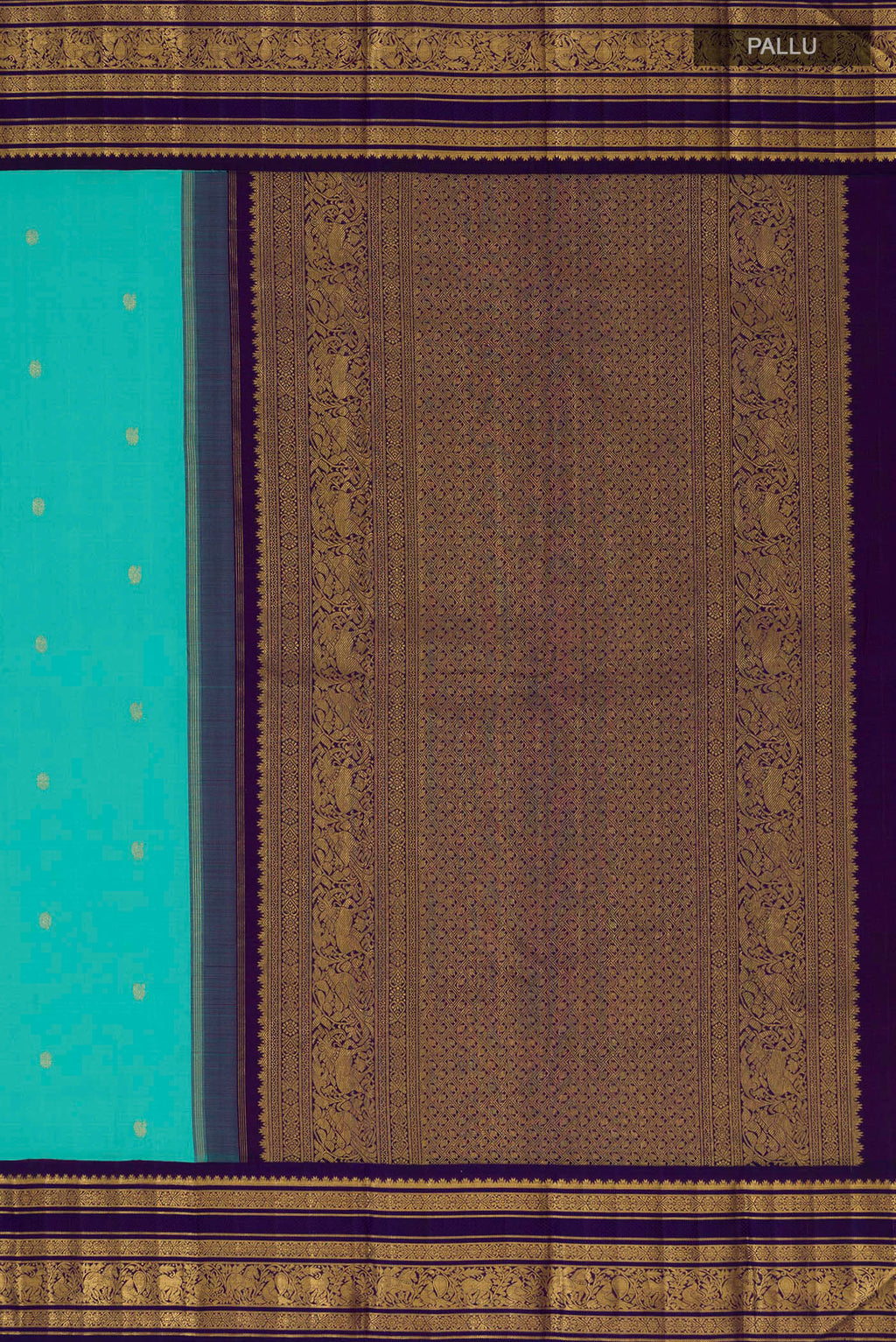 Close up image of the pallu of Pure Silk Pure Zari Turquoise Kanchipuram Saree with Zari Butta on the body and Zari Border. 