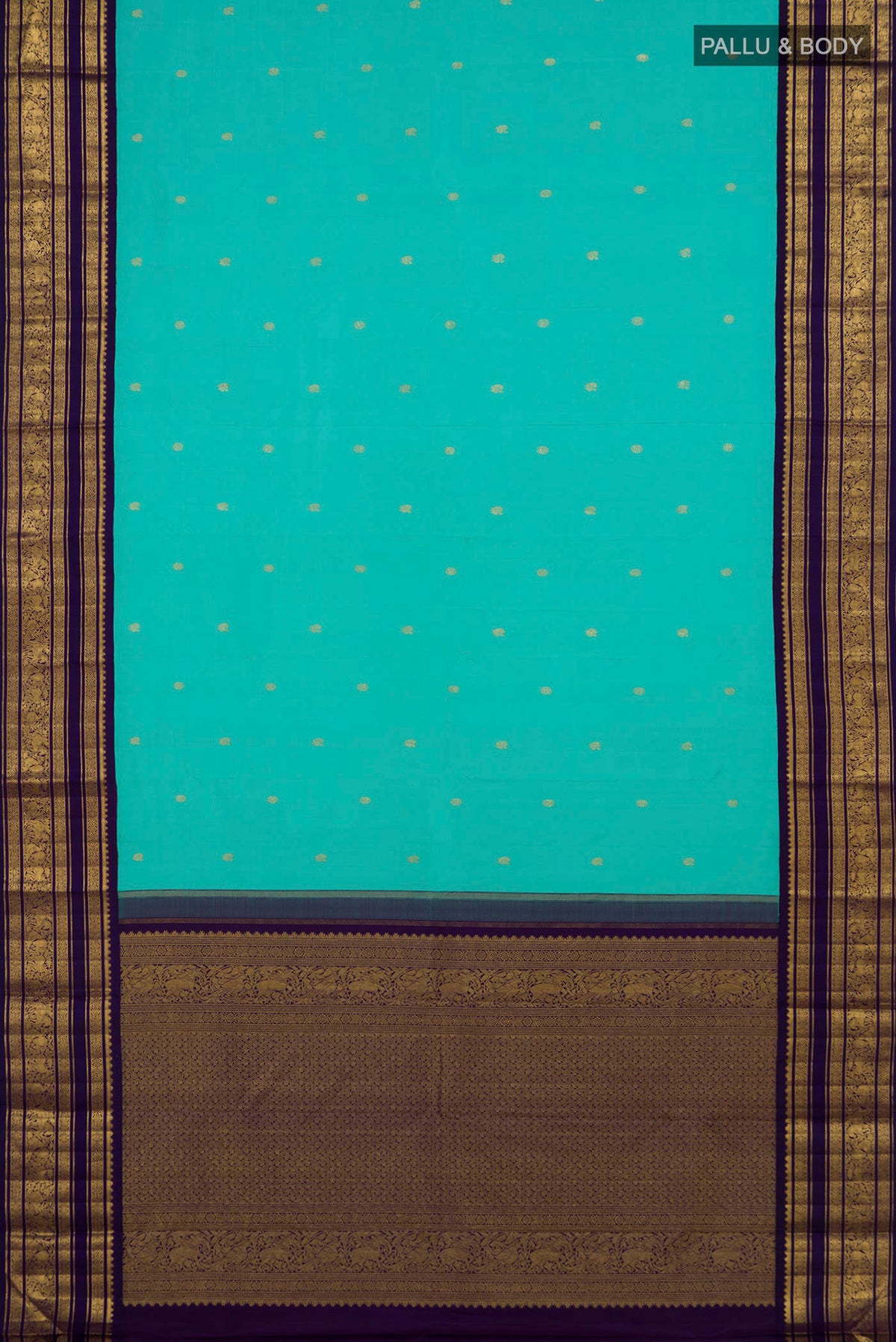 Flat view of Pure Silk Pure Zari Turquoise Kanchipuram Saree with Zari Butta on the body and Zari Border. 