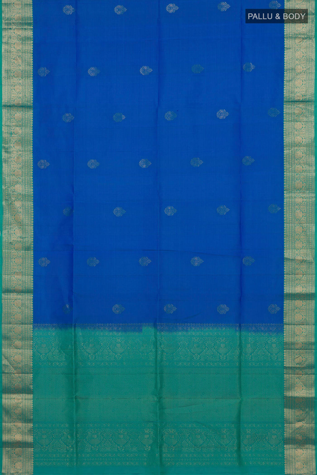 Flat view of Pure Silk Royal Blue Soft Saree with Zari Butta on the body and Zari Border. 