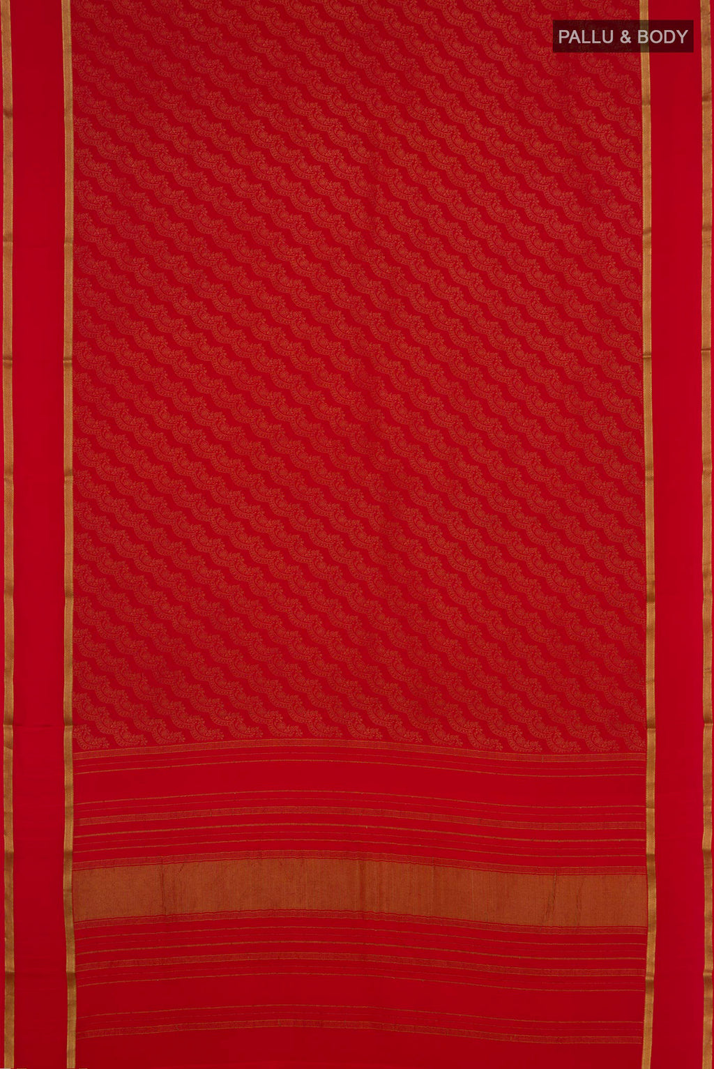 Flat view of Red Mysore Crepe Saree with Zari Brocade on the body and Zari Border. 