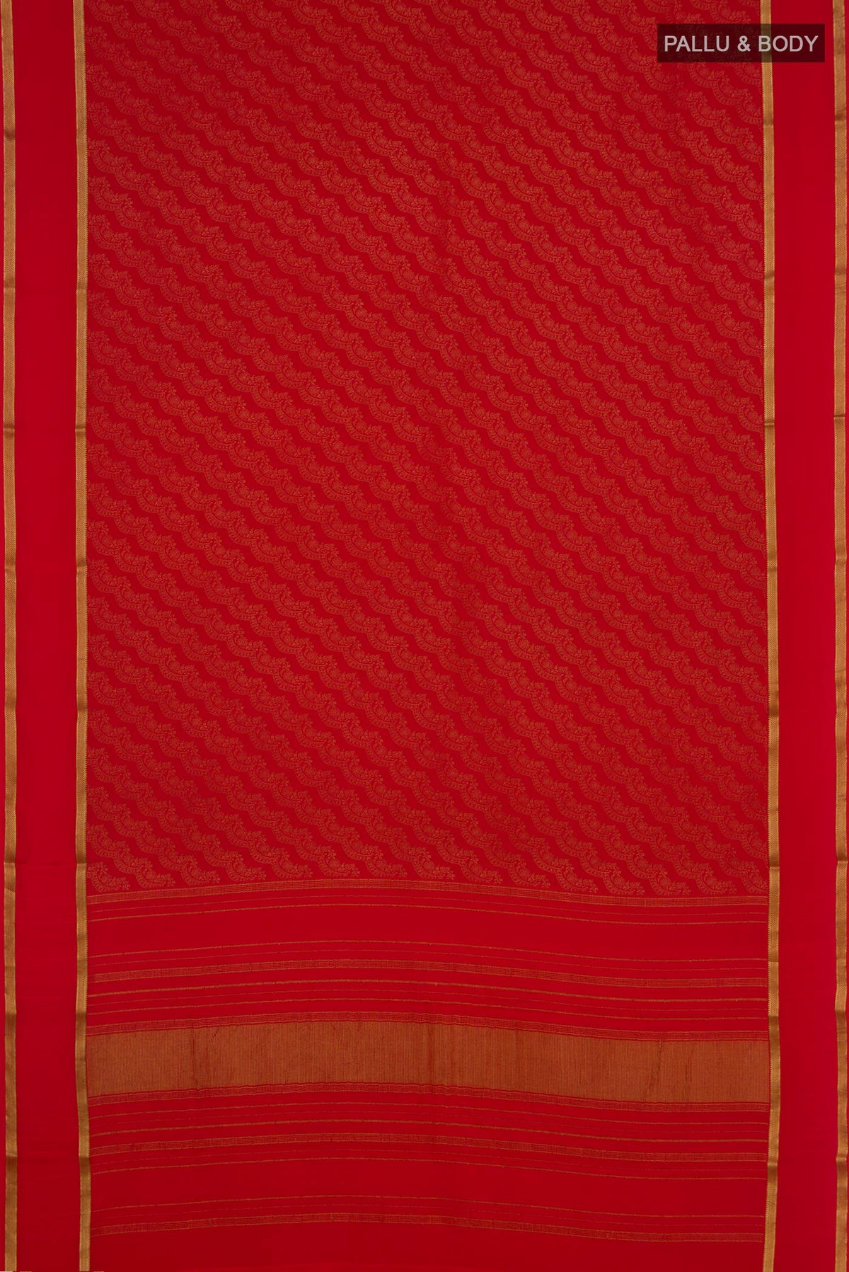 Flat view of Red Mysore Crepe Saree with Zari Brocade on the body and Zari Border. 