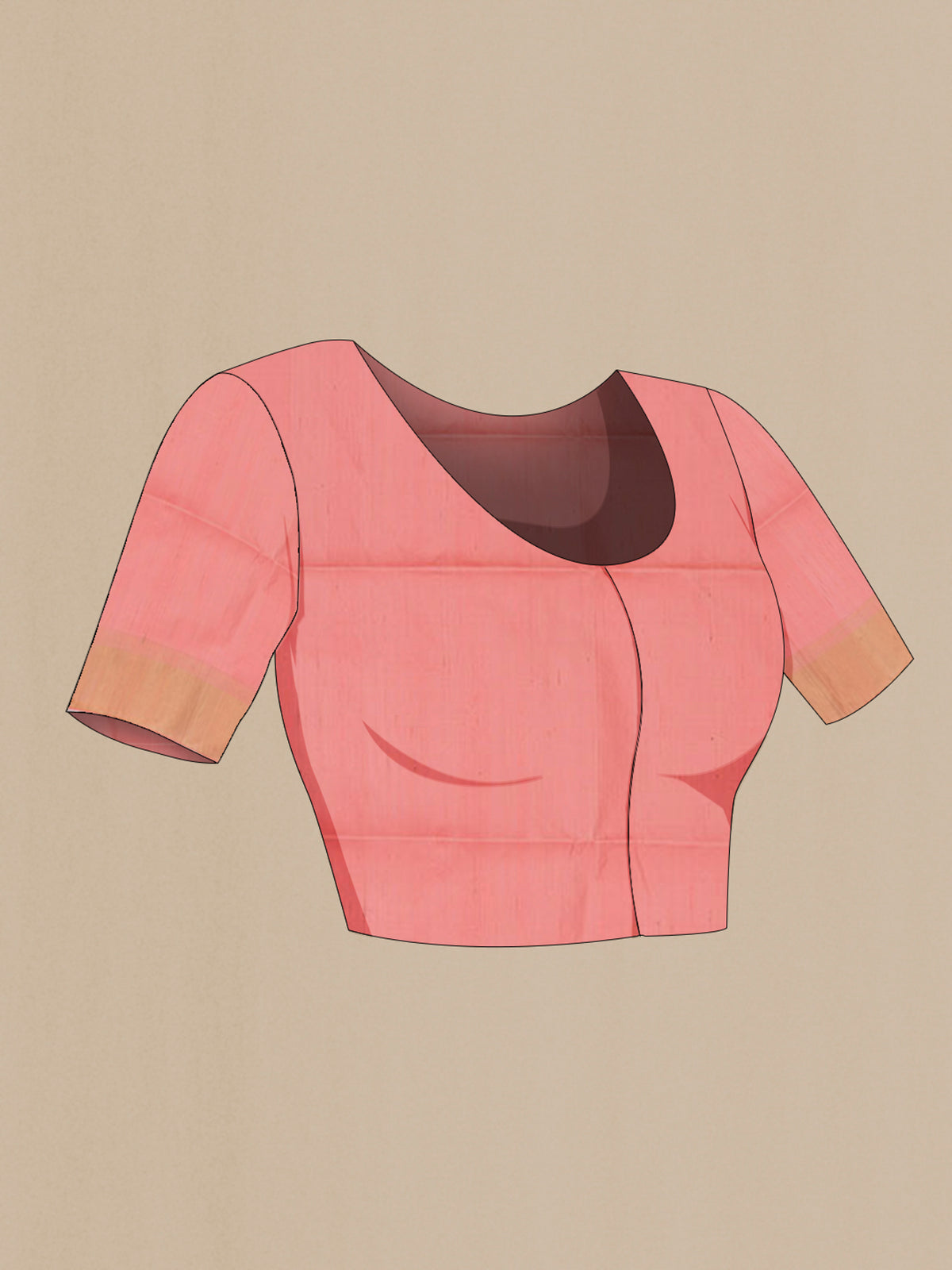 Close up image of the blouse of Pure Silk Peach Soft Saree with Stripes on the body and Zari Border. 