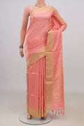 Pure Silk Peach Soft Saree with Stripes on the body and Zari Border.  displayed on a mannequin