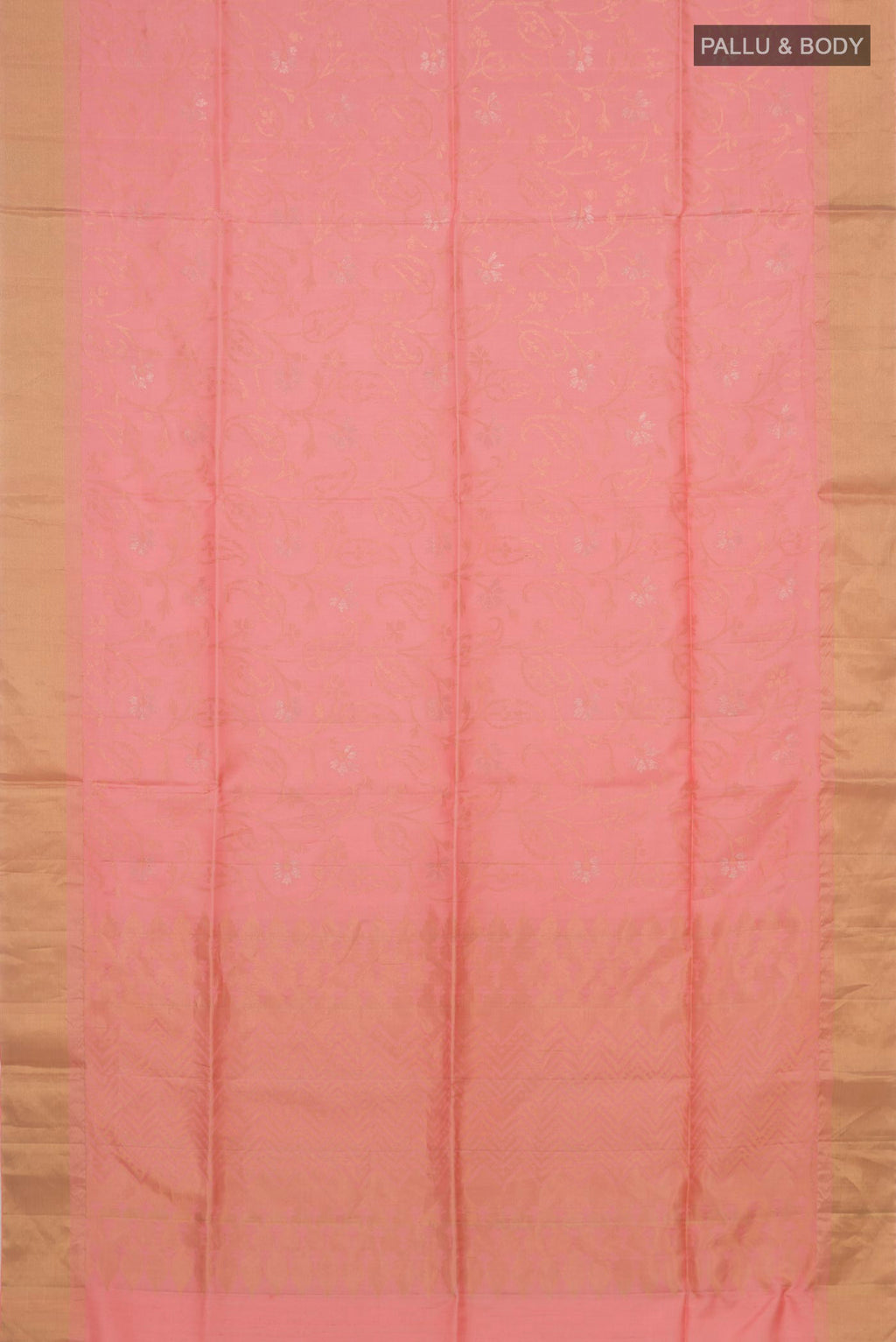 Flat view of Pure Silk Peach Soft Saree with Stripes on the body and Zari Border. 