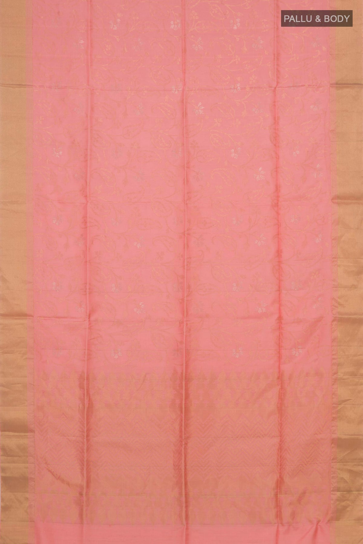 Flat view of Pure Silk Peach Soft Saree with Stripes on the body and Zari Border. 