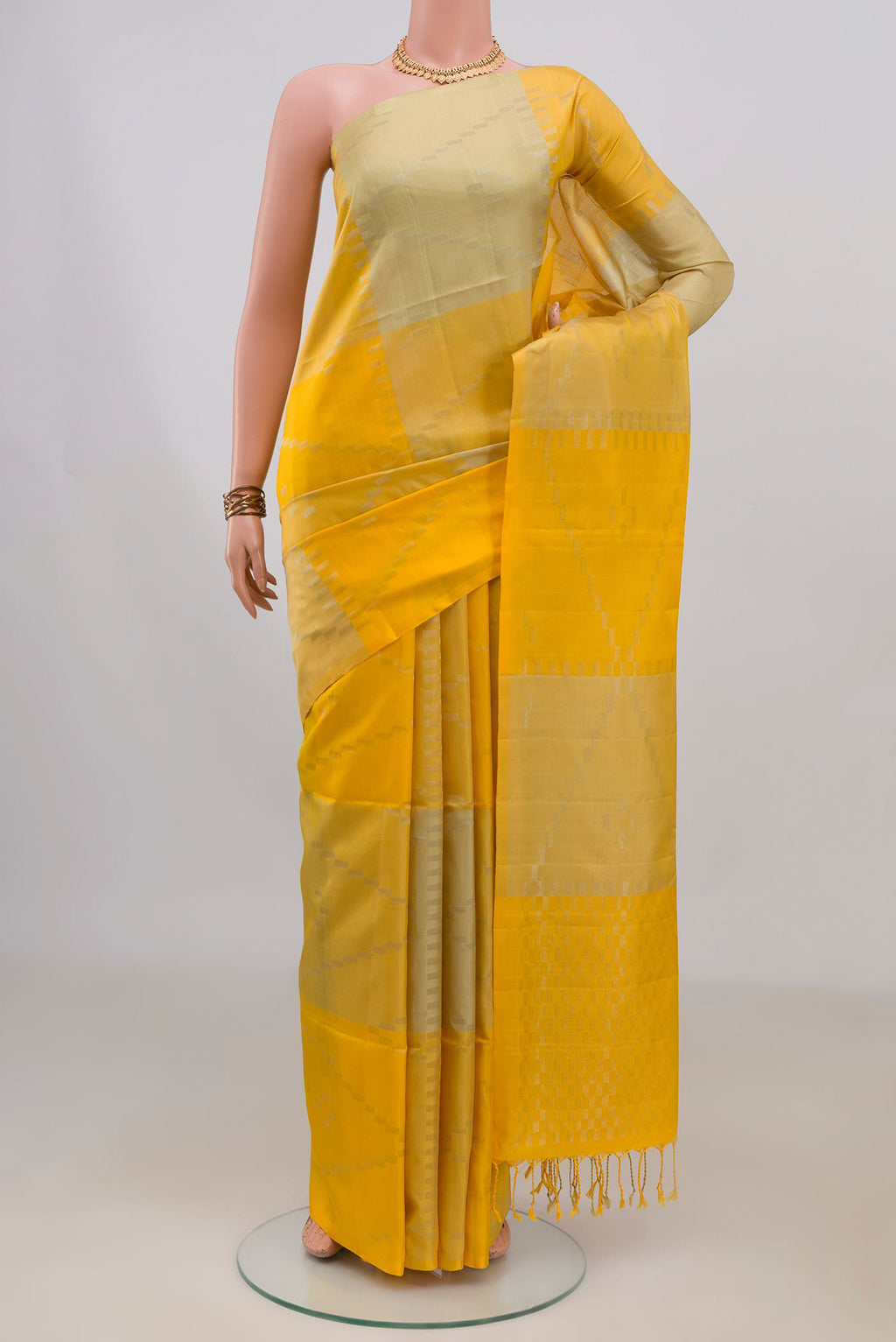 Pure Silk Multi Color Soft Saree with Fancy on the body and Without Border.  displayed on a mannequin