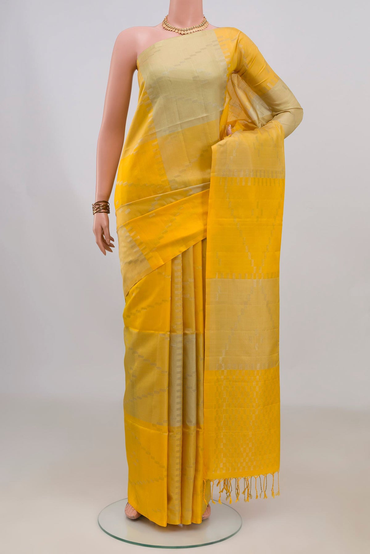 Pure Silk Multi Color Soft Saree with Fancy on the body and Without Border.  displayed on a mannequin