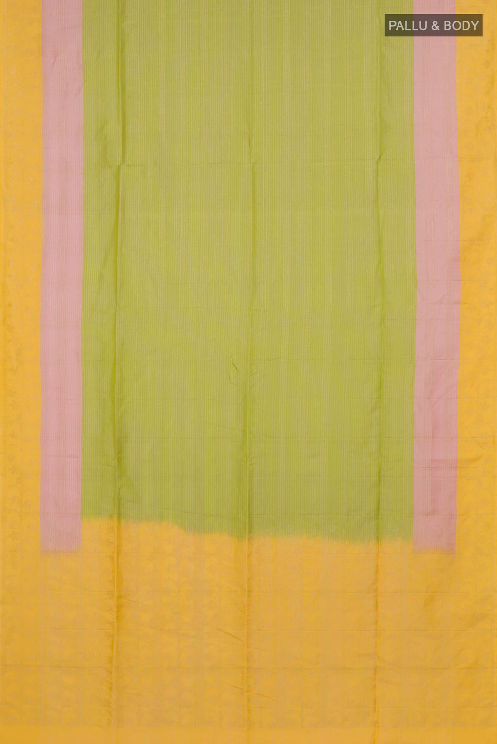 Flat view of Pure Silk Light Green Soft Saree with Stripes on the body and Plain Border. 