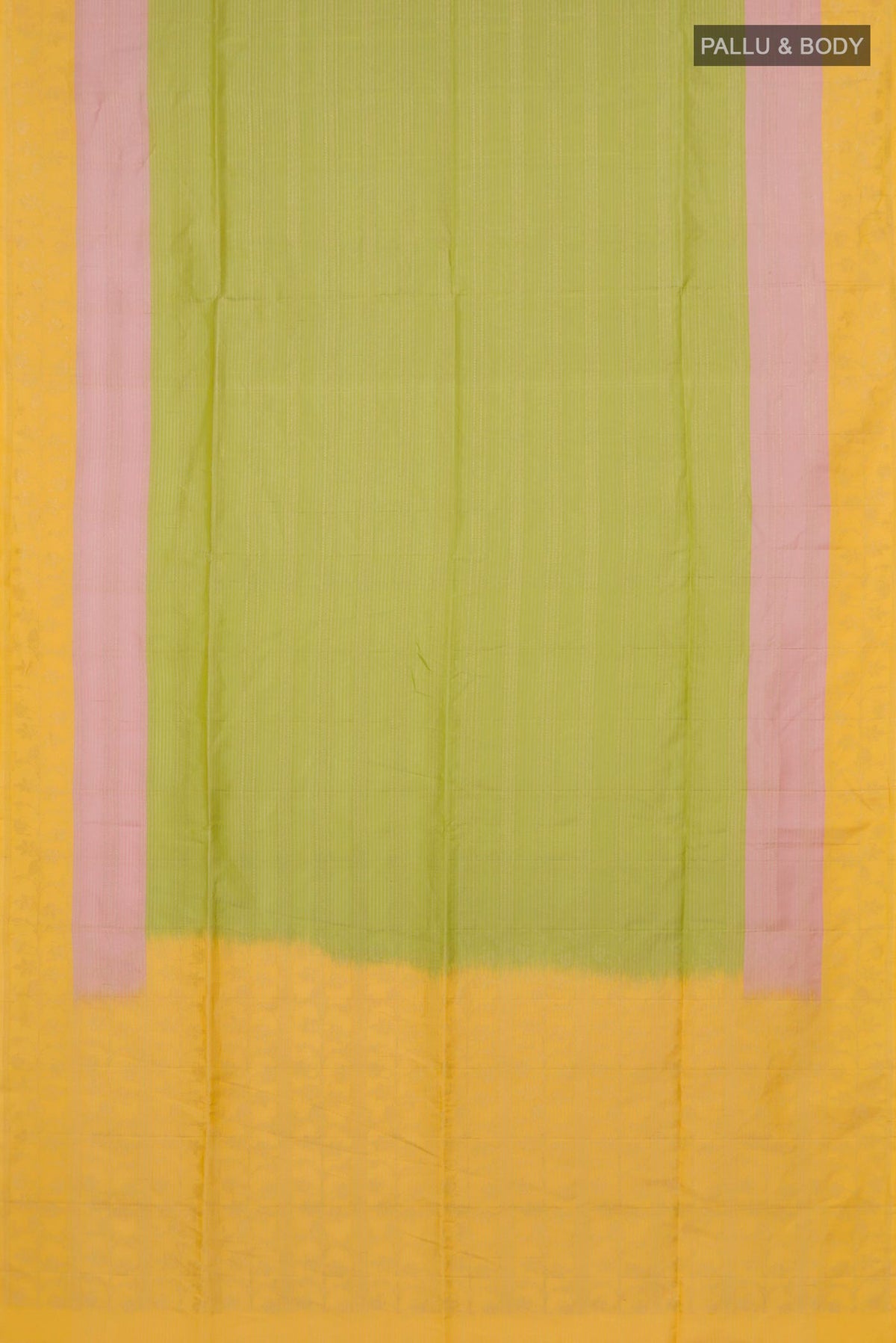 Flat view of Pure Silk Light Green Soft Saree with Stripes on the body and Plain Border. 