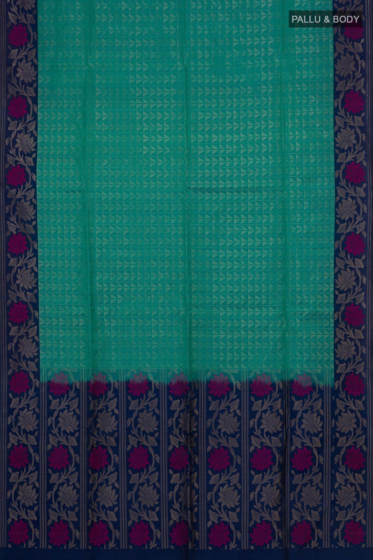 Flat view of Pure Silk Green Soft Saree with Fancy on the body and Fancy Border. 