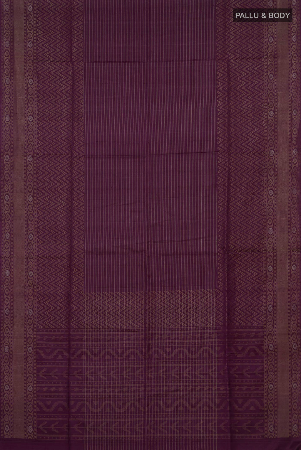 Flat view of Pure Silk Purple Soft Saree with Stripes on the body and Fancy Border. 