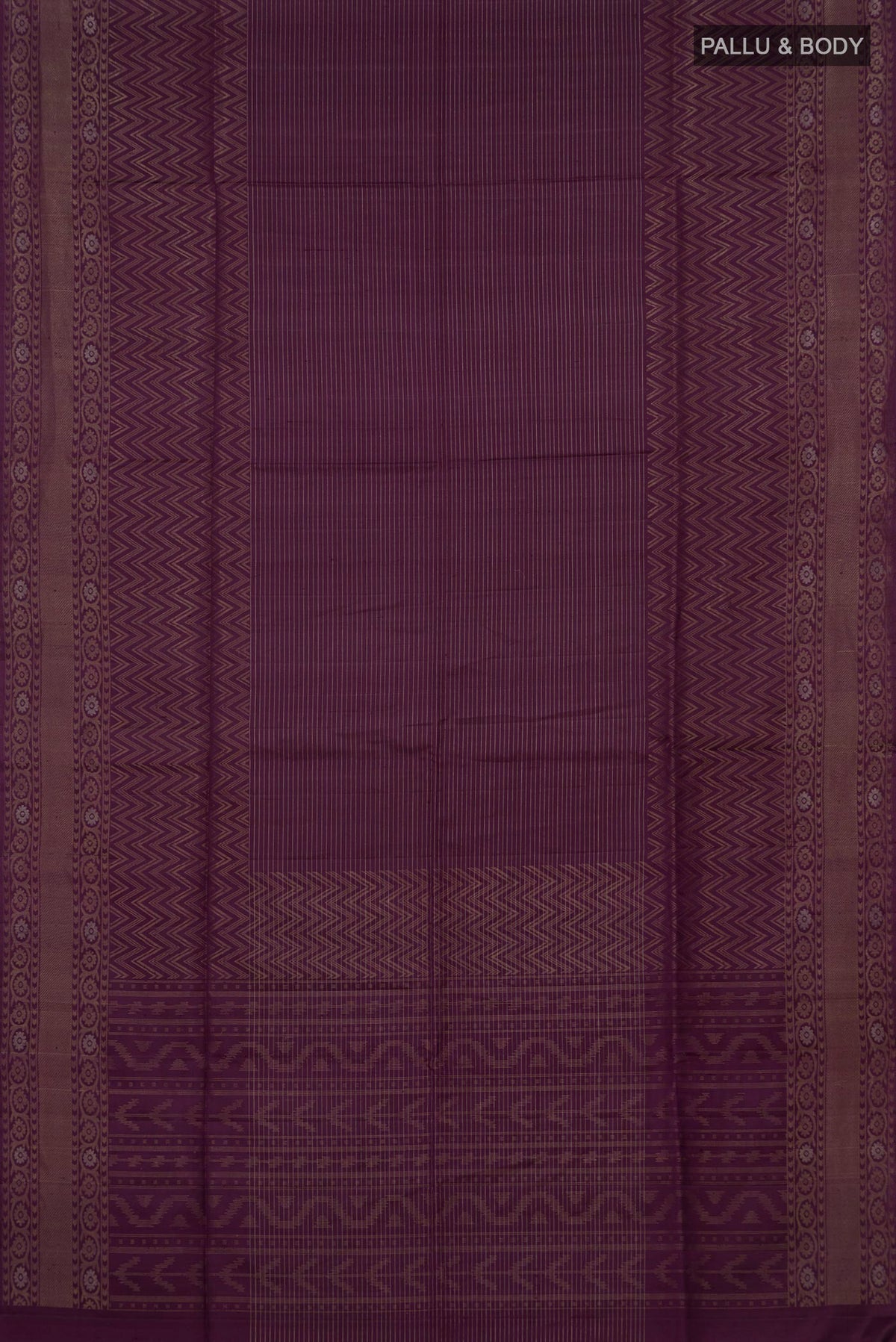 Flat view of Pure Silk Purple Soft Saree with Stripes on the body and Fancy Border. 
