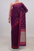 Pure Silk Purple Kanjivaram Saree with Thread Butta on the body and Thread Border.  displayed on a mannequin