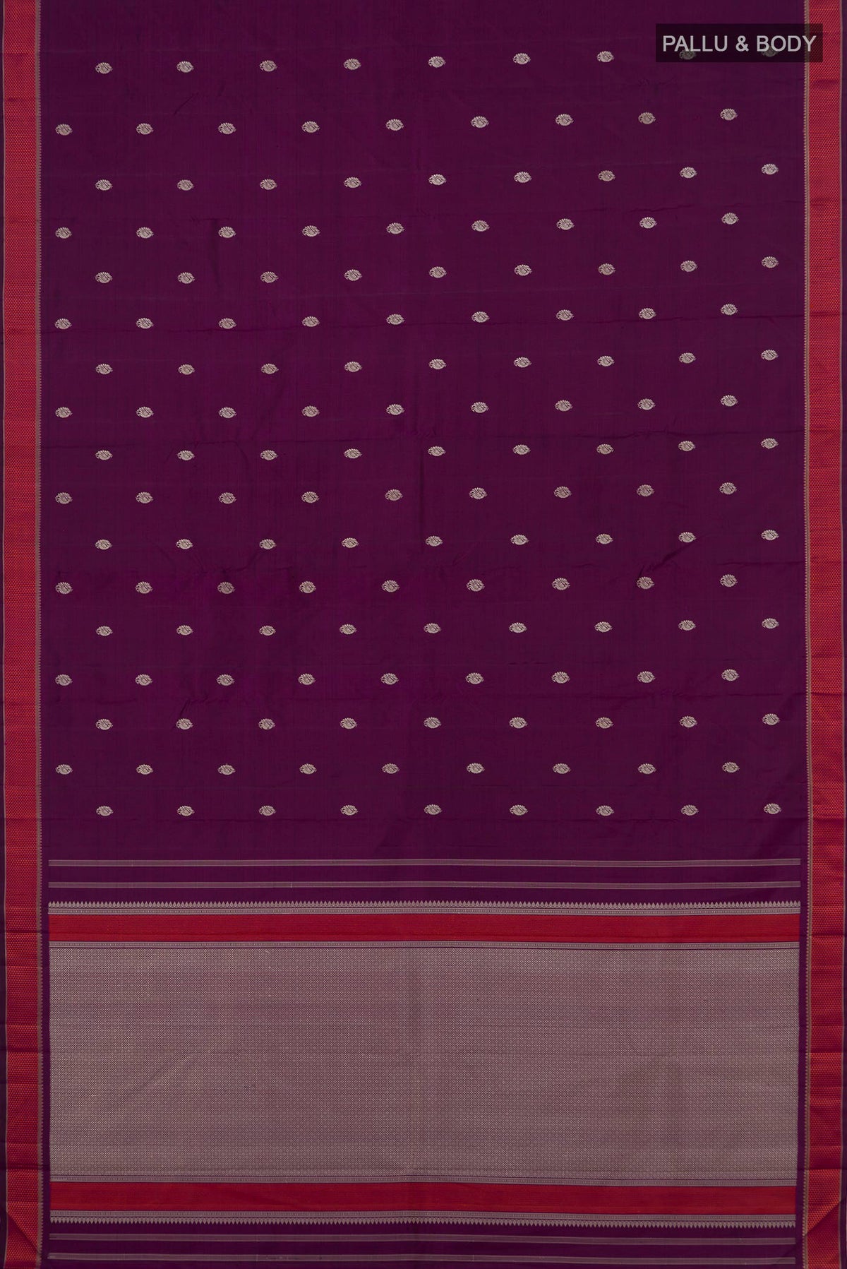 Flat view of Pure Silk Purple Kanjivaram Saree with Thread Butta on the body and Thread Border. 