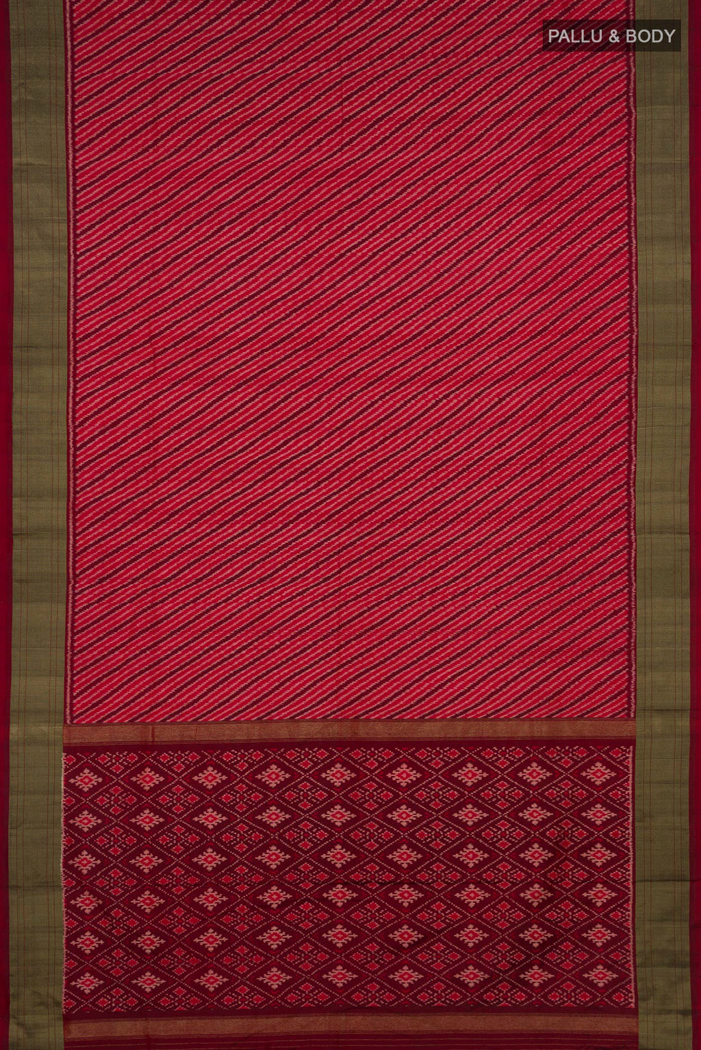 Flat view of Pure Silk Red Pochampally Saree with Ikat design on the body and Zari Border. 