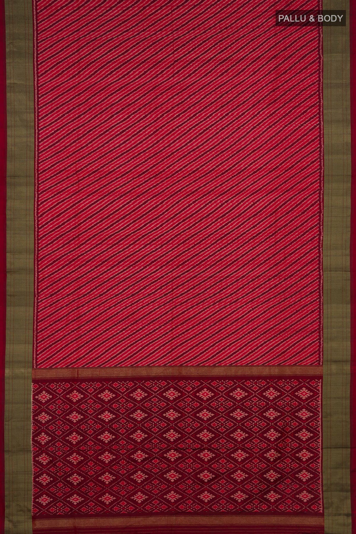 Flat view of Pure Silk Red Pochampally Saree with Ikat design on the body and Zari Border. 