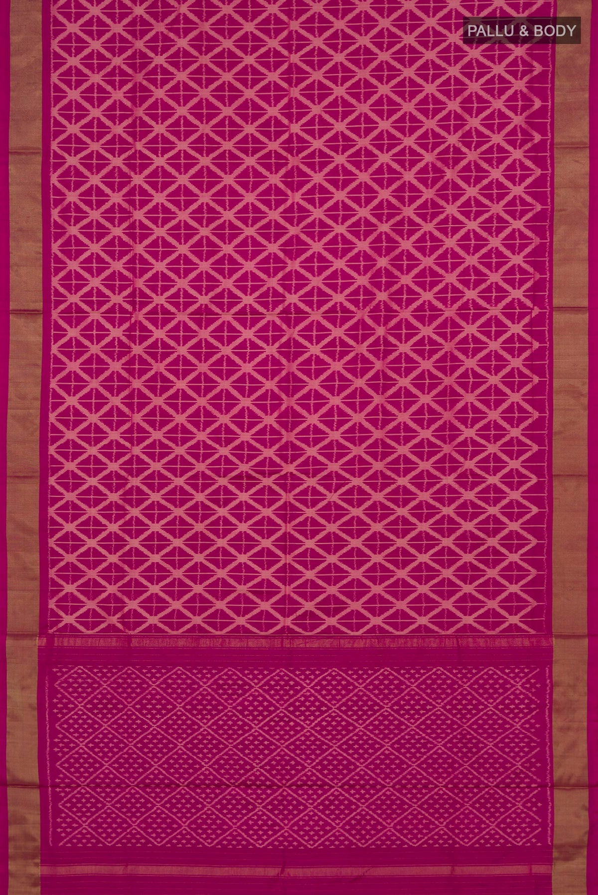 Flat view of Pure Silk Magenta Pochampally Saree with Ikat design on the body and Zari Border. 