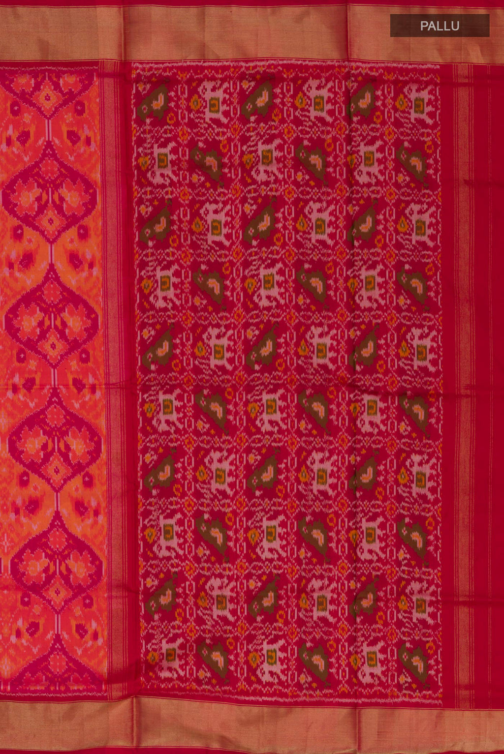 Close up image of the pallu of Pure Silk Orange Pochampally Saree with Ikat design on the body and Zari Border. 